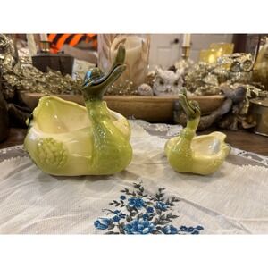 Vintage Hull Pottery Swan Planter Set 80 Chartreuse Green Mid Century Ceramic